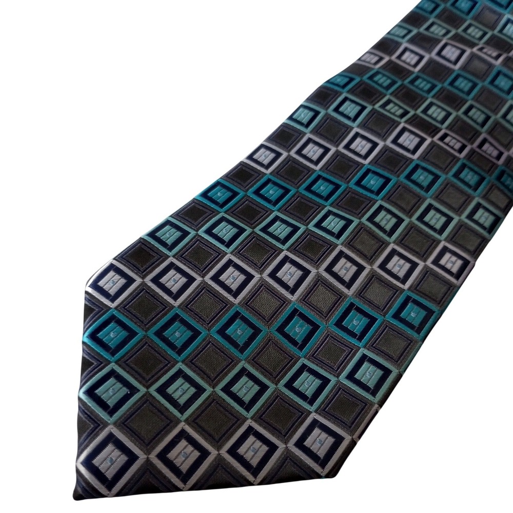 Colours Alexander Julian Mens Teal Grey Geometric Square Pattern Polyester Tie